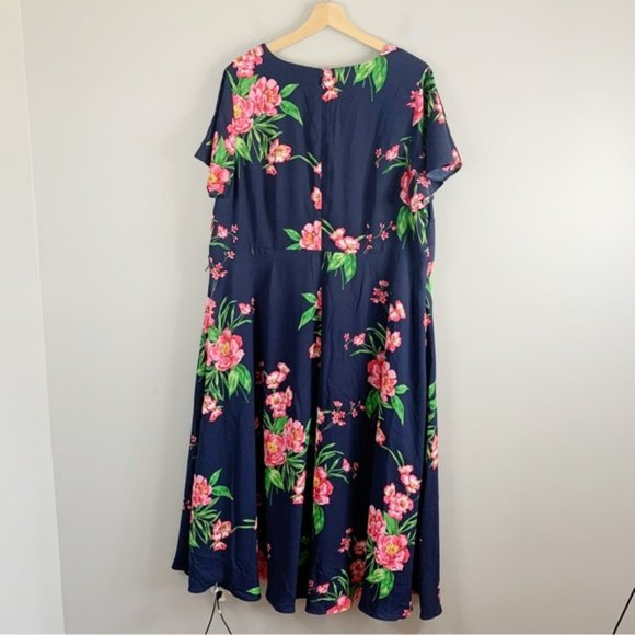 Talbots Plus Women Blue Pink Floral Flutter Sleeve Maxi Dress  Fit Flare 16 W - Picture 2 of 11
